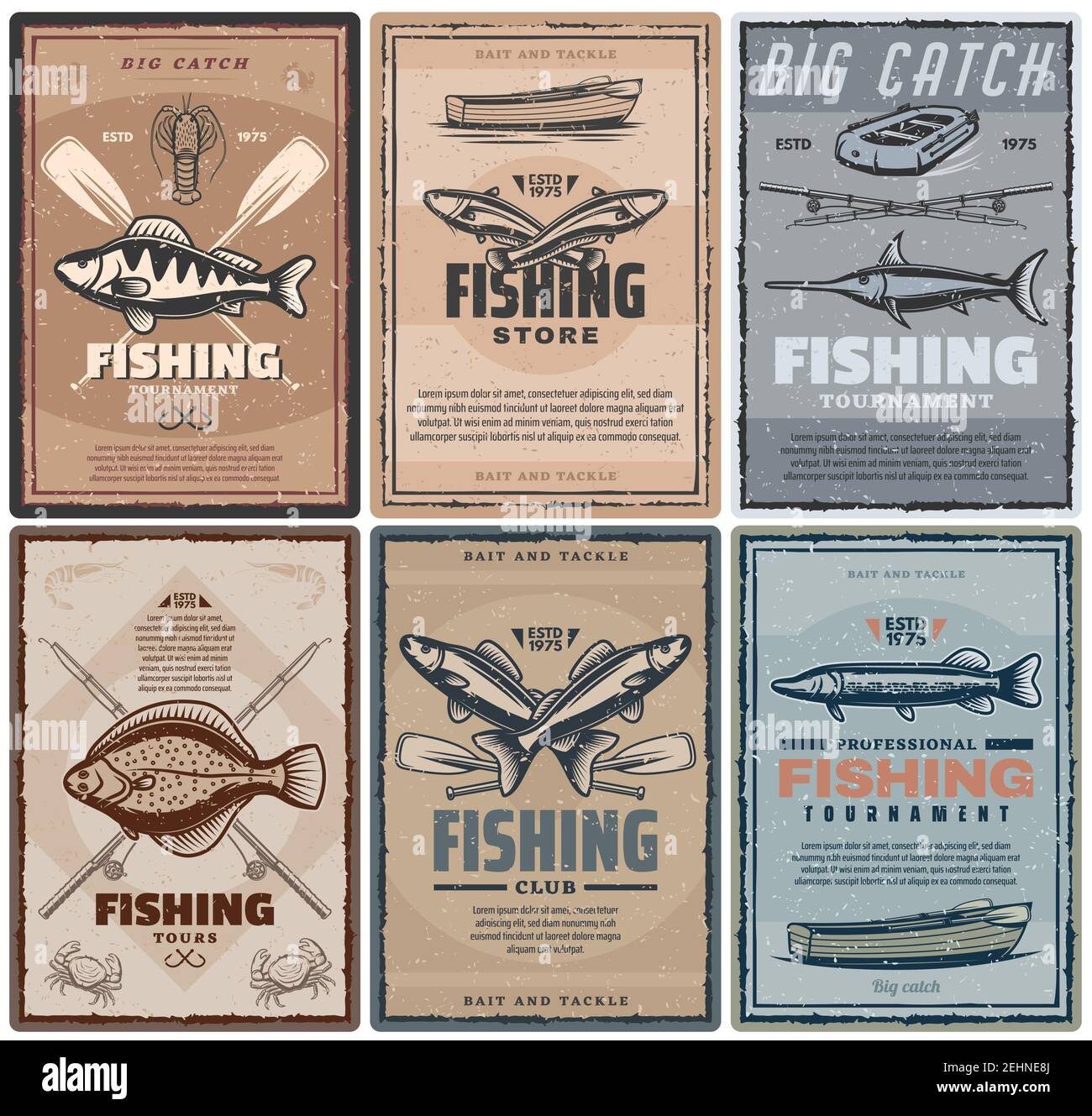 Fishing store, fisher sport tournament and tours. Vector vintage