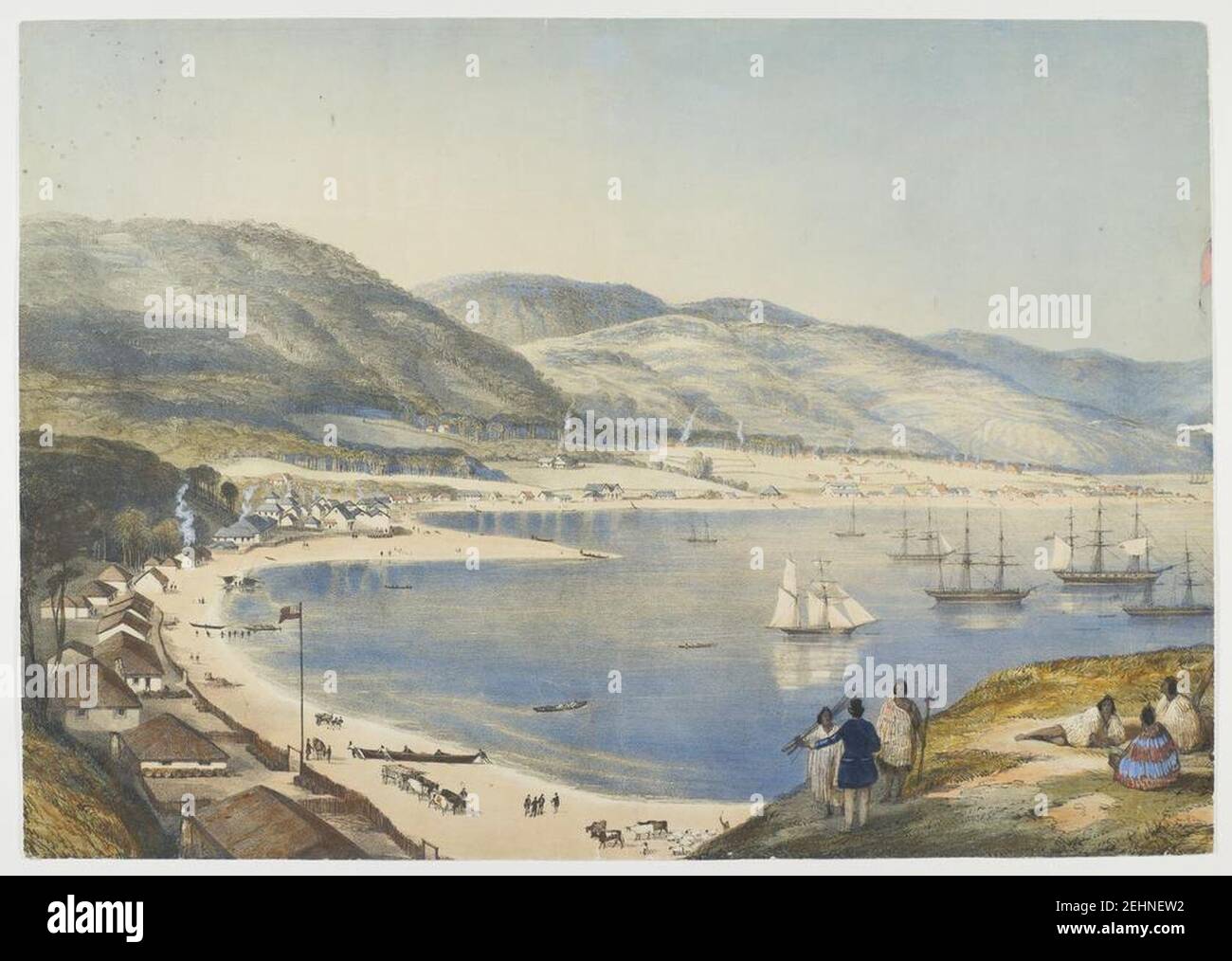 Part of Lambton Harbour, in Port Nicholson, New Zealand. Drawn in April, 1841, by Charles Heaphy. Lithography created by Thomas Allom and published in 1891. Stock Photo