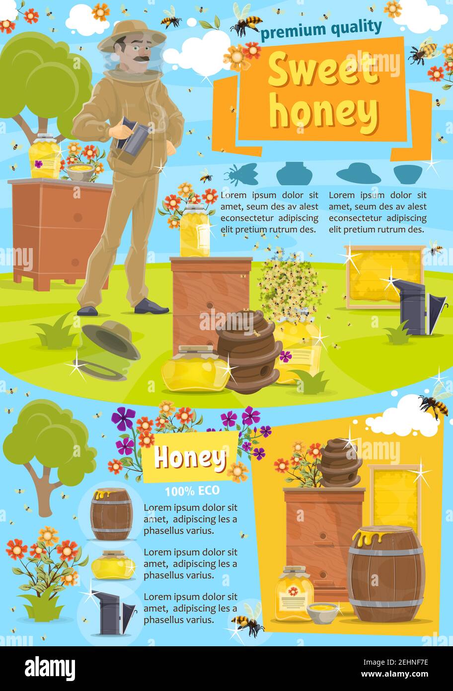 Beekeeping, apiary and beekeeper. Man in protective suit and jars or barrels of honey, bees swarm flying around flowers, beehives. Apiculture farm pro Stock Vector