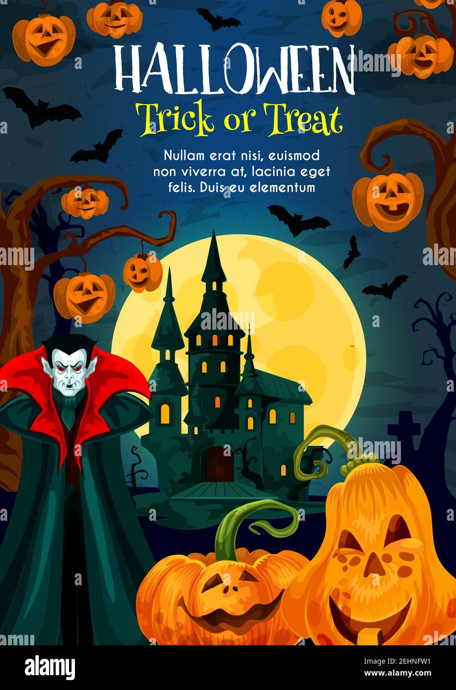 Halloween trick or treat night celebration greeting poster. Ghost house ...
