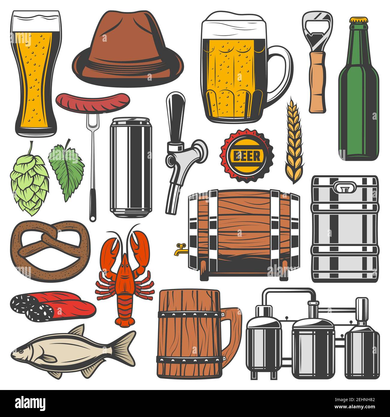 Beer alcohol drink retro icons for bar or pub themes design. Bottle, glass and mug of lager or wheat ale, brewery equipment, hops and barley, wooden b Stock Vector