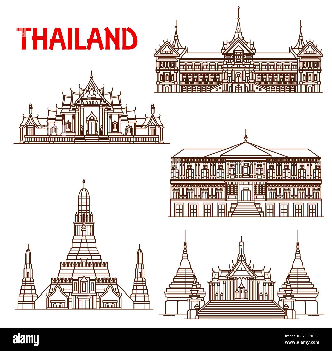 Thailand famous historic architecture buildings and temples. Vector thin line facades of Bangkok Wat Phra Kaew temple, Royal Palace or Vimanmek and Be Stock Vector