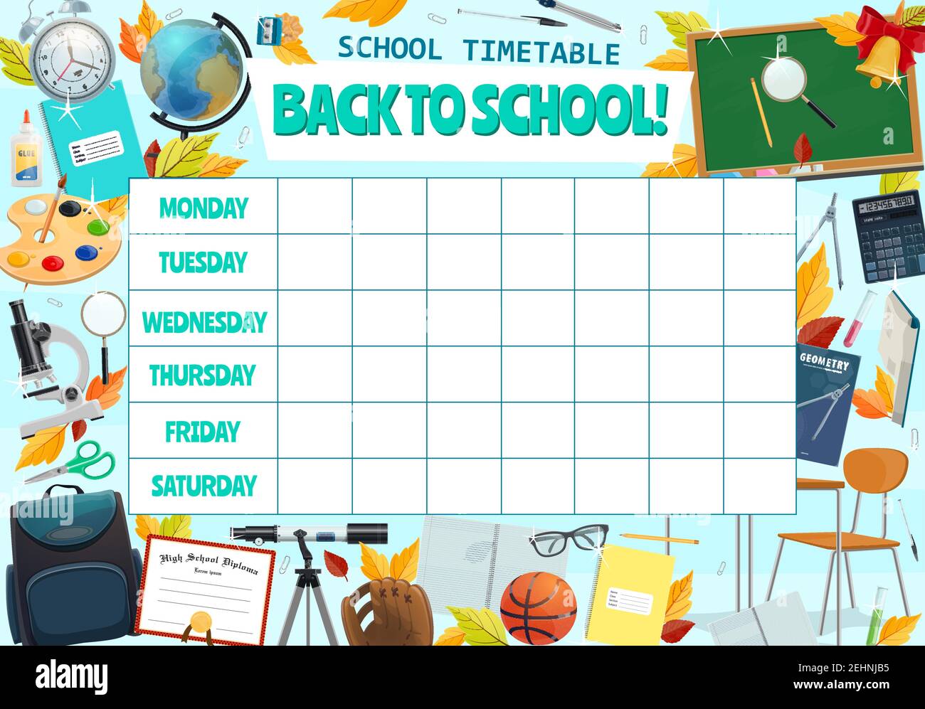 School timetable for week lessons. Vector blackboard design of stationery and books for algebra, geometry or mathematics and literature with sport tra Stock Vector