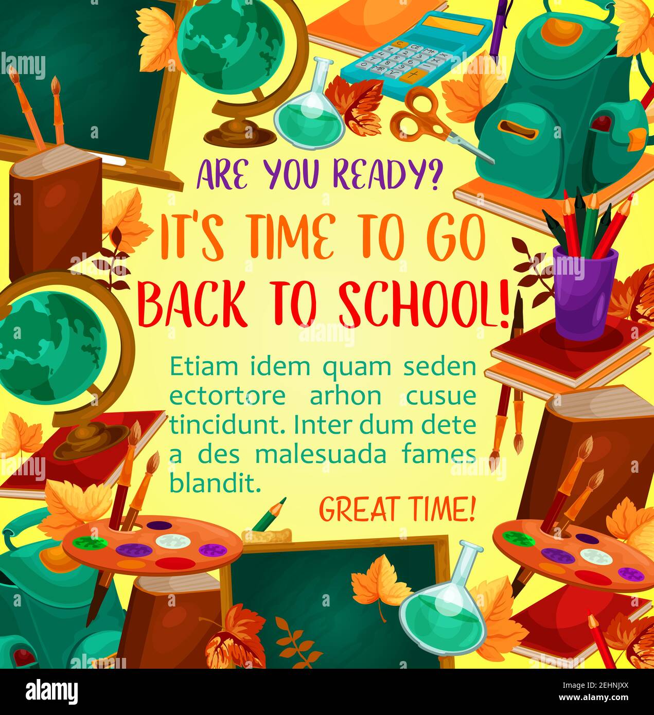 back to school poster with calculator and supplies in chalkboard