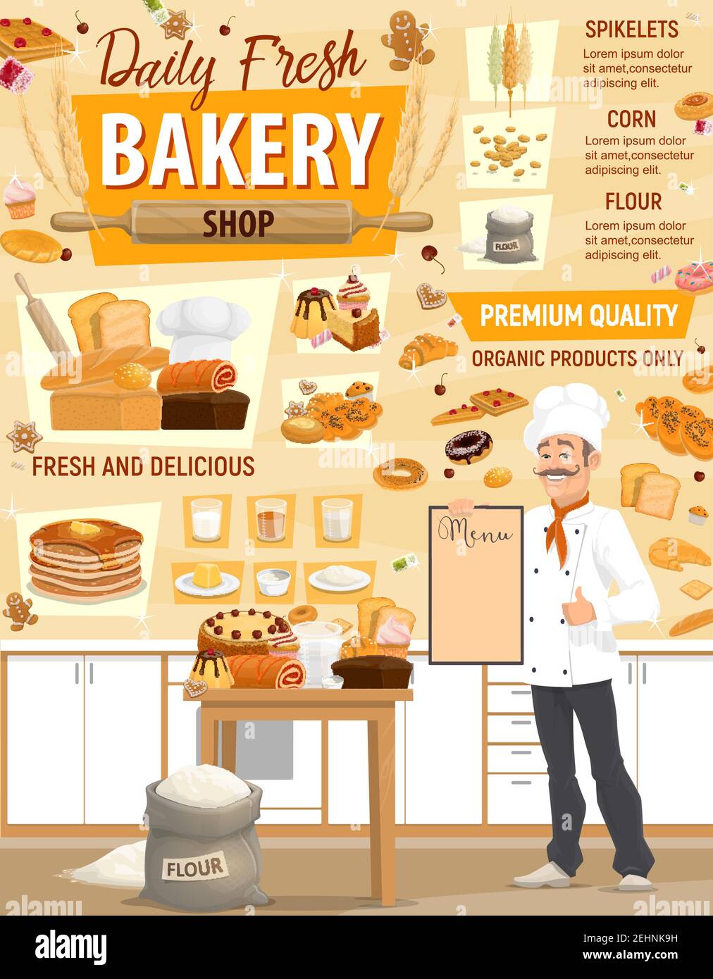 Bakery or baker shop, pastry and baking ingredients at kitchen. Vector  design of baker man in chef hat with wheat bread, bagel or croissant and  bun, c Stock Vector Image & Art -