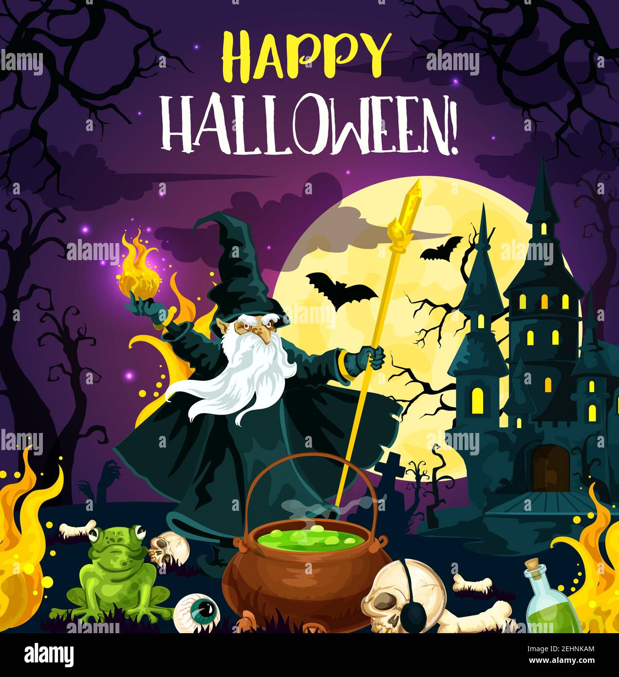 Halloween horror night poster for october holiday celebration template. Evil wizard, potion cauldron and skull on cemetery of creepy castle greeting c Stock Vector