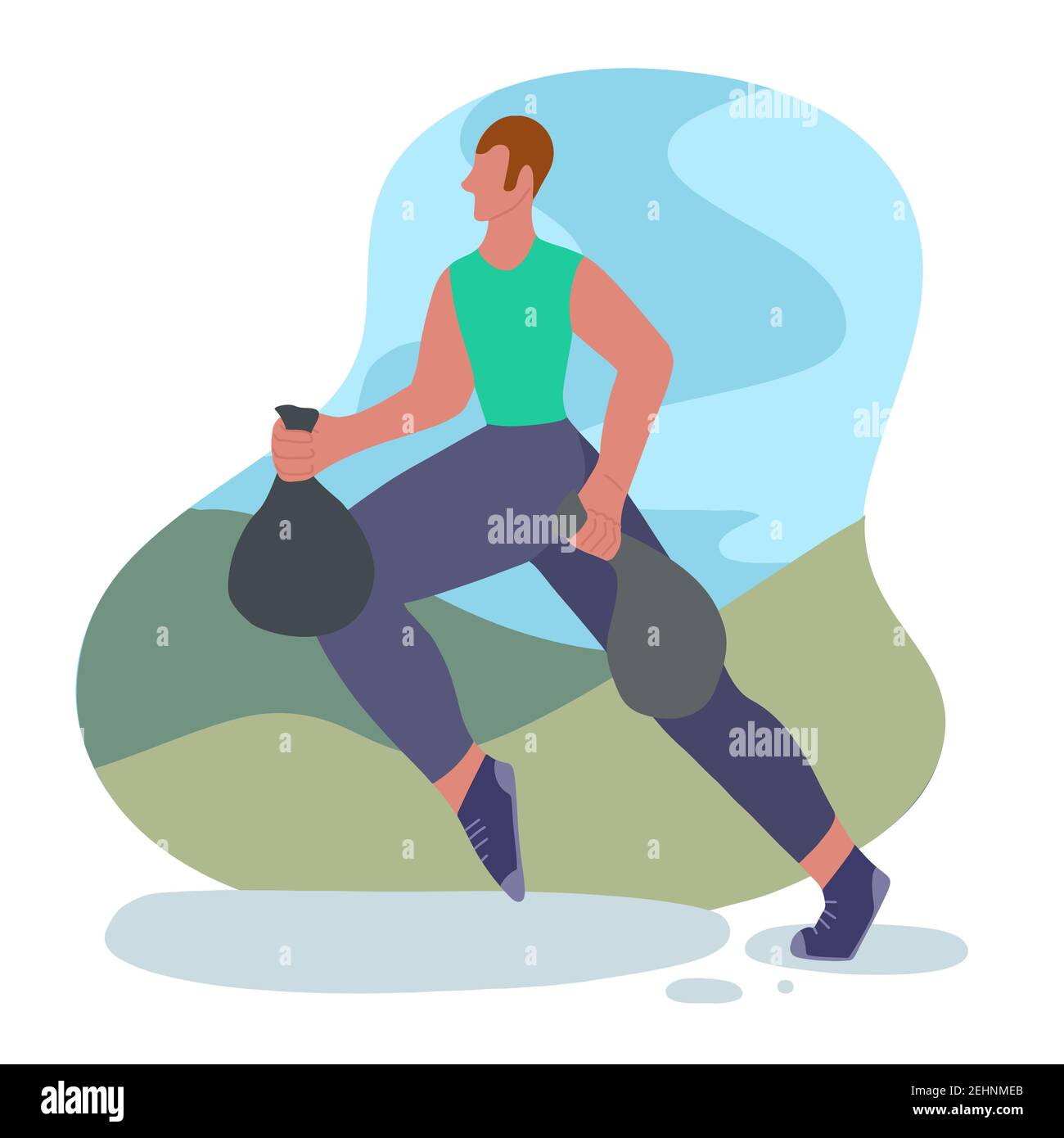 Plogging. Environmental movement. Healthy lifestyle. Man jogging with a garbage bag in park. Physical activity and care for the environment. Maintaini Stock Vector