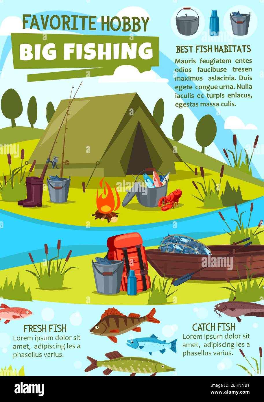 Fishing cartoon poster of fisher camping tent and fish catch equipment tackles. Vector design of wooden boat on river or lake bowler wit Stock Vector Image & Art -