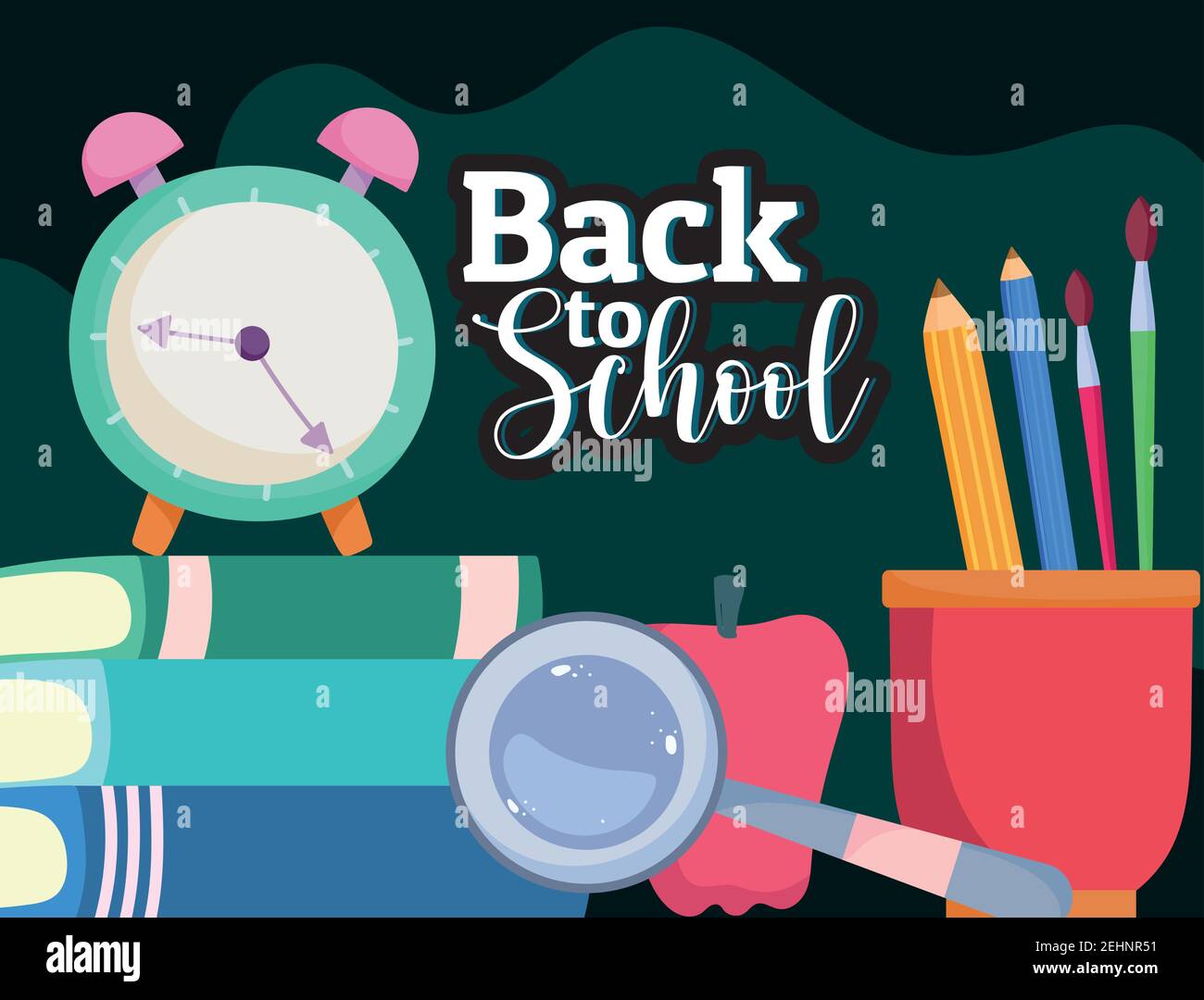 Back to School clock books pencils and magnifier cartoon vector ...