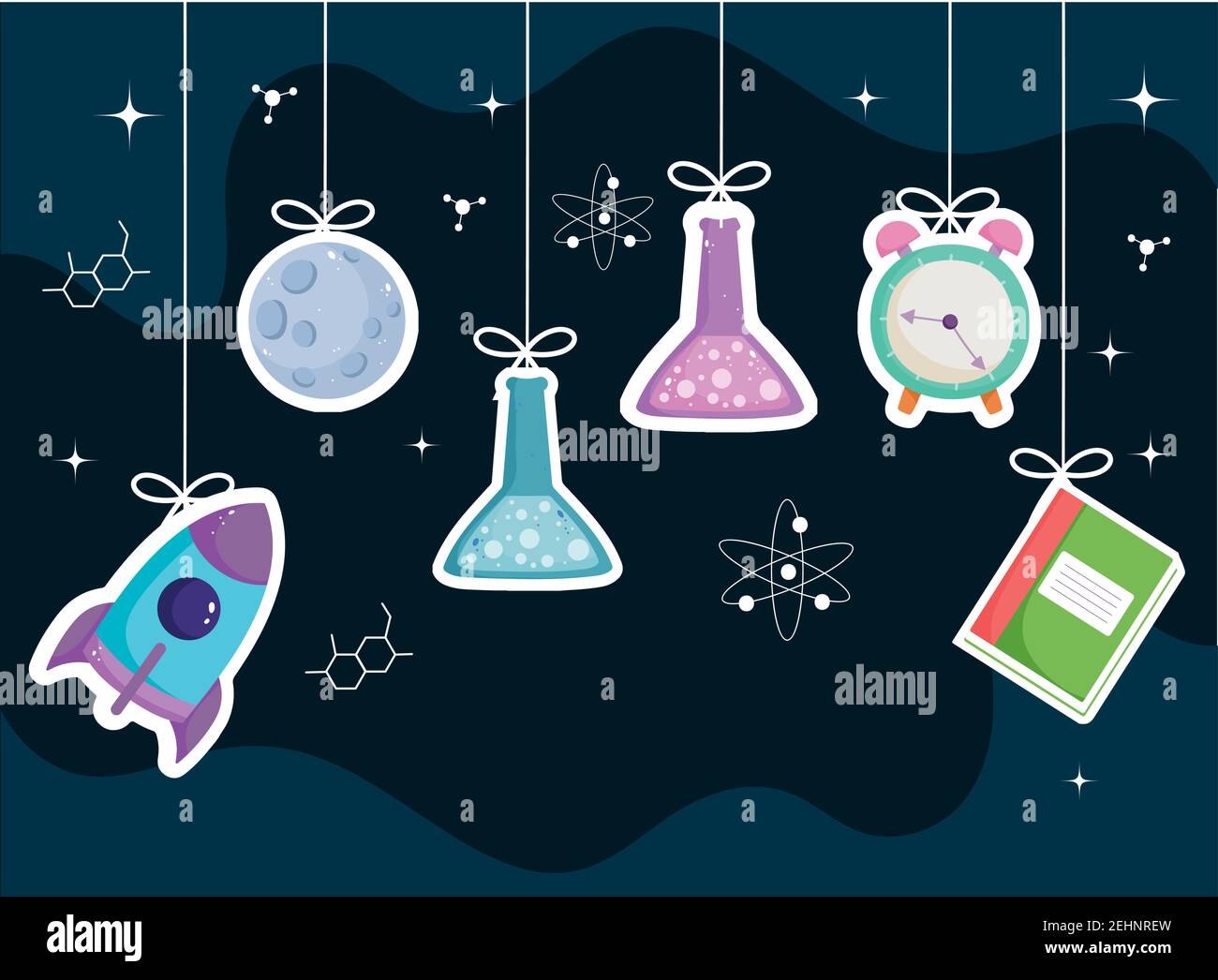 Hanging Card Science School hanging book test tube clock science background vector ...