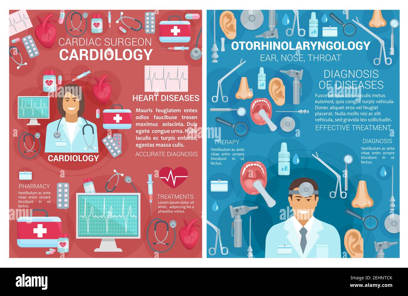 Cardiology and otorhinolaryngology medical clinic posters. Vector cardiologist surgeon and otolaryngologist doctors with cardiac surgery and heart dis Stock Vector