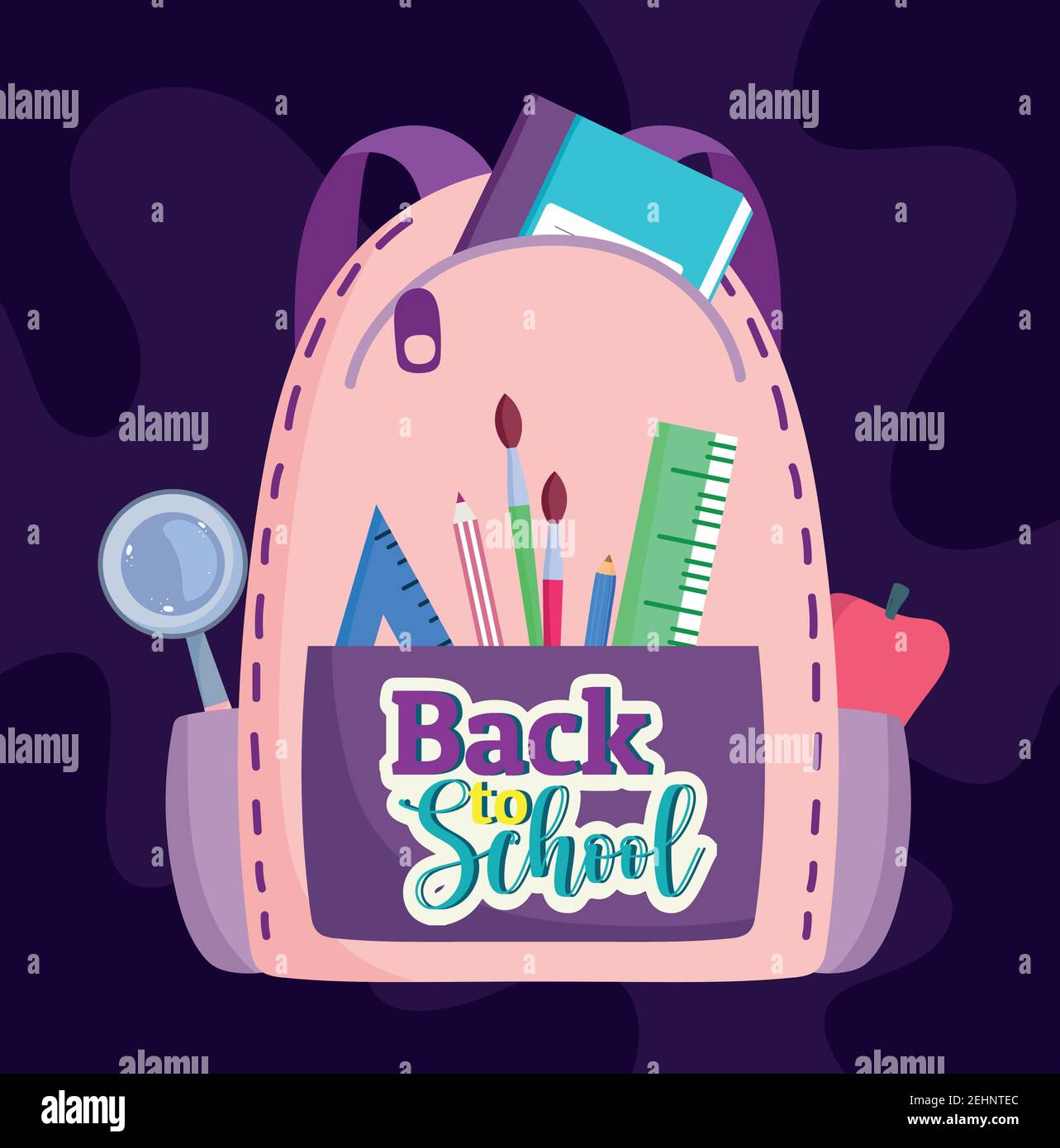Back to School rucksack with pencil brush apple and magnifier vector