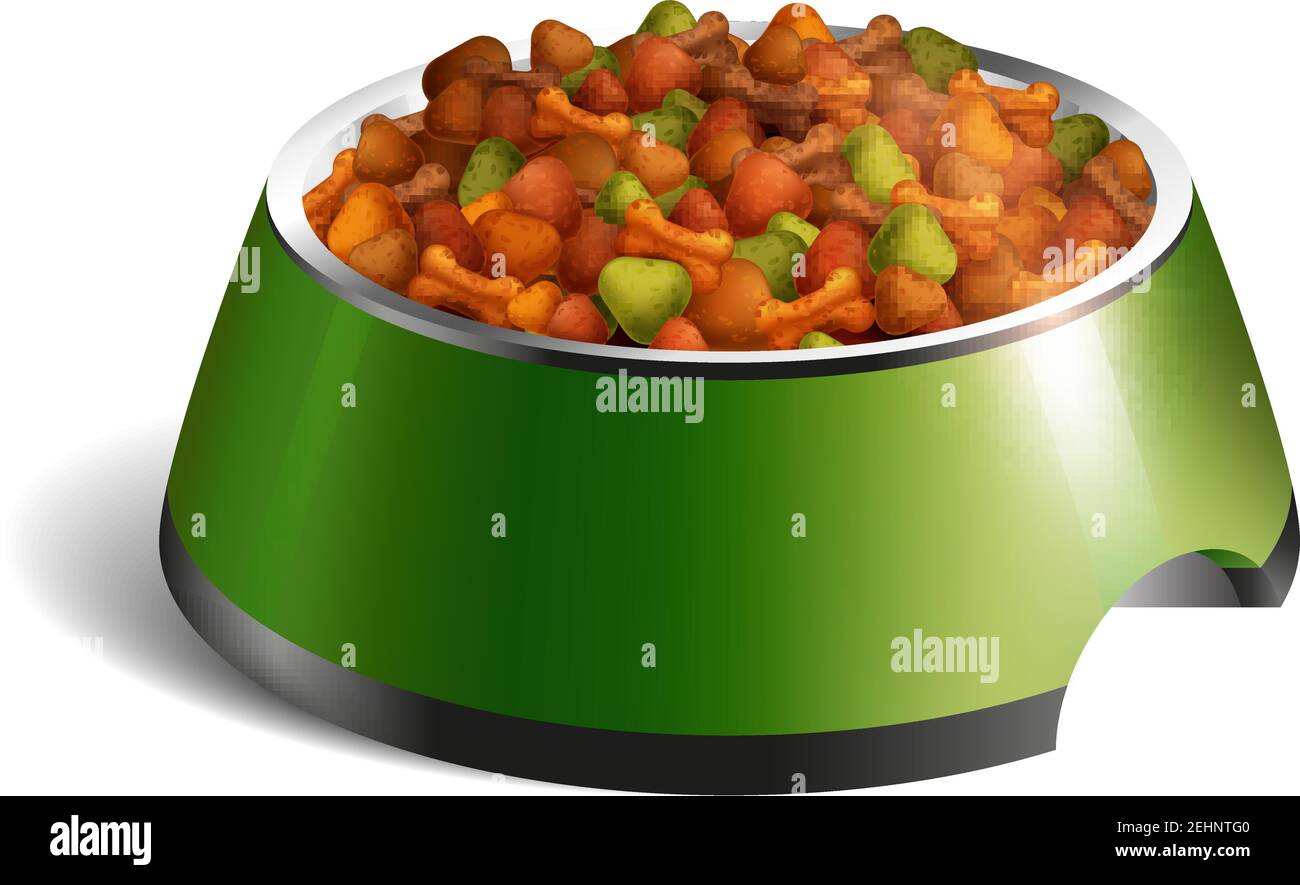 Green color realistic isolated dog bowl dry food composition with dry