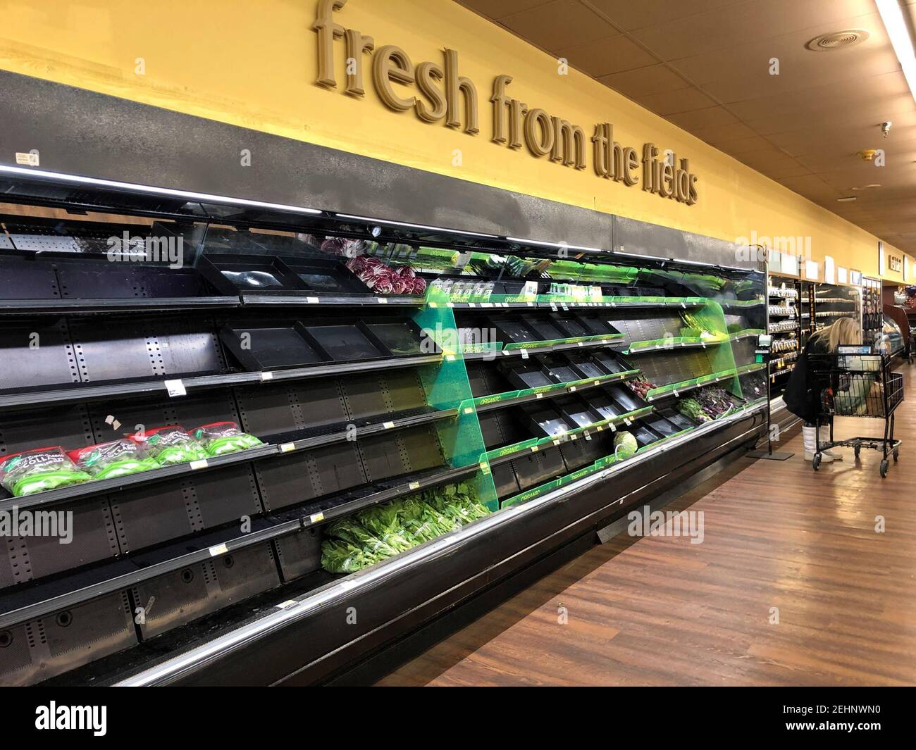 Plano. 19th Feb, 2021. Photo taken on Feb. 19, 2021 shows empty vegetable shelves at a Tom Thumb