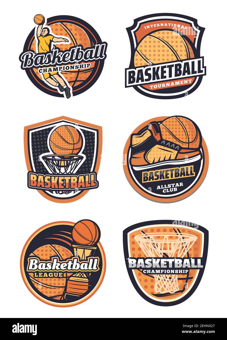 Basketball league, championship or tournament, sport team badges. Vector  icons of basketball ball in basket net goal, player and sneakers, victory  cup Stock Vector Image & Art - Alamy