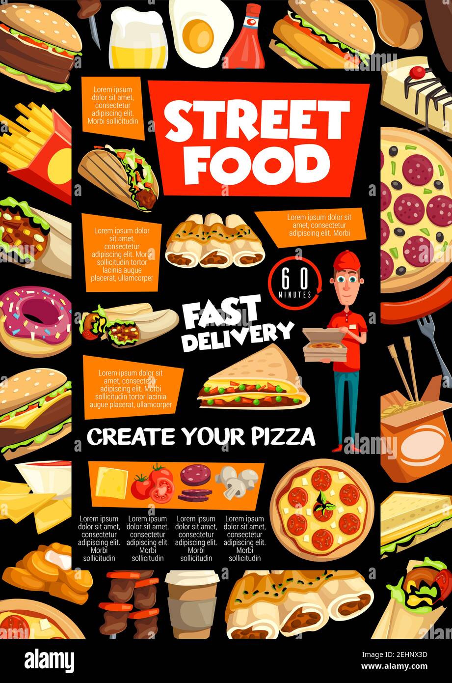 Street food and fastfood delivery of pizzeria, cafe or restaurant