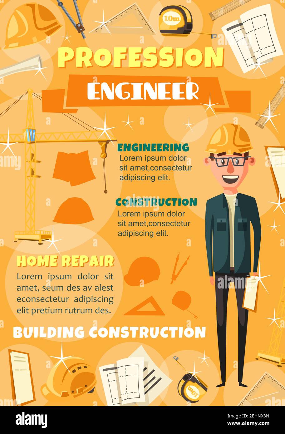 Engineer profession poster in construction, building or housing project. Vector cartoon design of engineer man in safety hat with work tools, rulers a Stock Vector