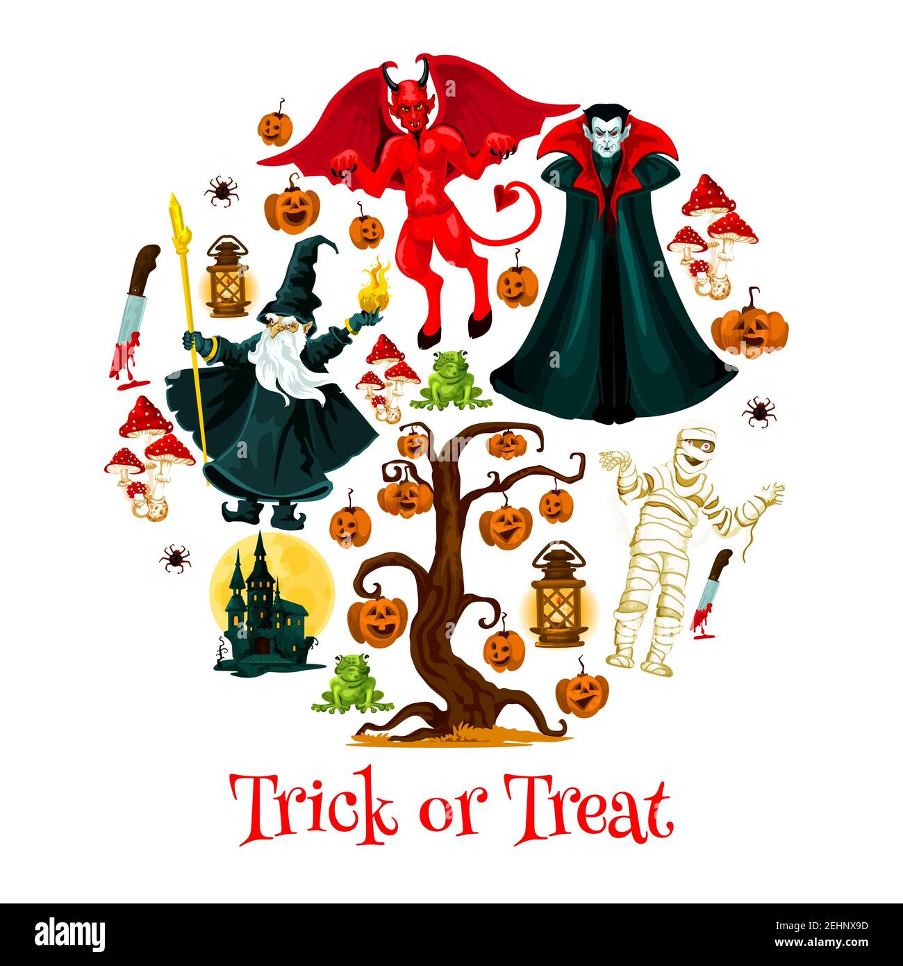 Halloween trick or trear festive poster with horror holiday characters. Pumpkin, ghost haunted house and devil demon, dracula vampire, mummy and evil Stock Vector