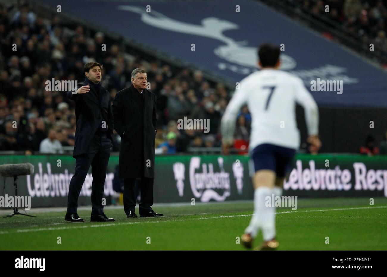 Soccer Football - Premier League - Tottenham Hotspur vs Everton - Wembley Stadium, London, Britain - January 13, 2018 Everton manager Sam Allardyce and Tottenham manager Mauricio Pochettino REUTERS/Eddie Keogh EDITORIAL USE ONLY. No use with unauthorized audio, video, data, fixture lists, club/league logos or "live" services. Online in-match use limited to 75 images, no video emulation. No use in betting, games or single club/league/player publications. Please contact your account representative for further details. Stock Photo
