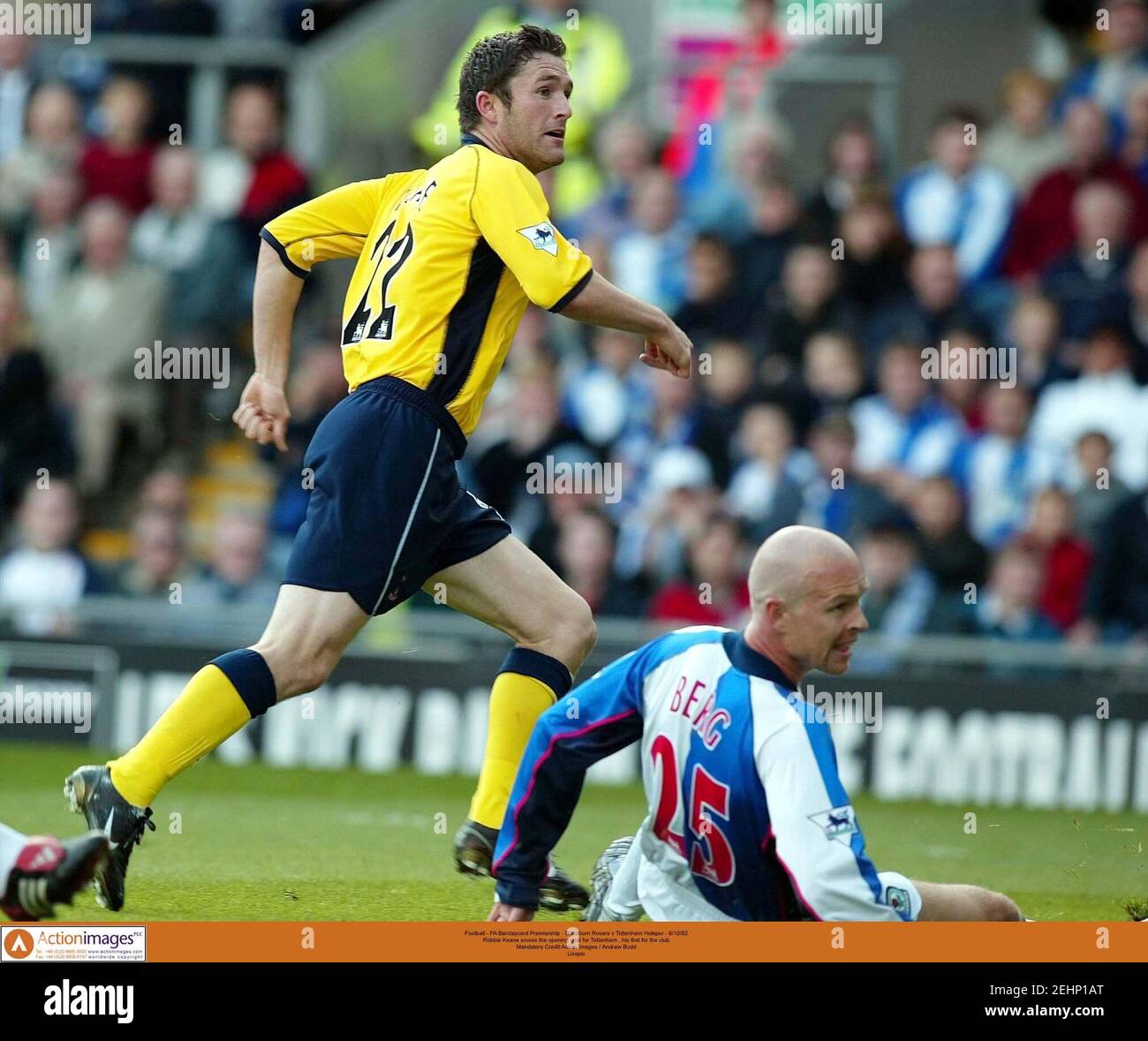 Football - FA Barclaycard Premiership - Blackburn Rovers v Tottenham Hotspur - 6/10/02  Robbie Keane scores the opening goal for Tottenham , his first for the club  Mandatory Credit:Action Images / Andrew Budd  Livepic Stock Photo
