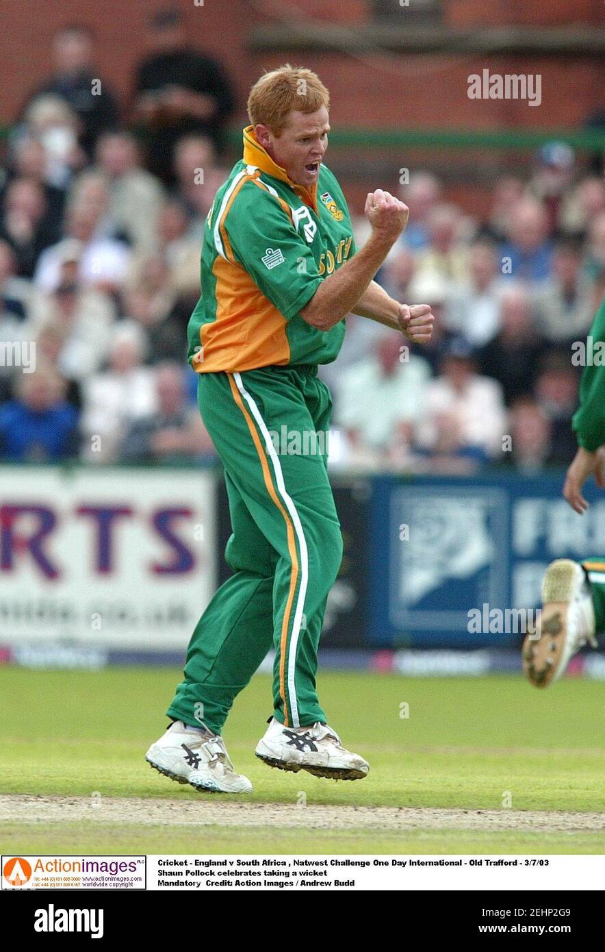 Cricket - England v South Africa , Natwest Challenge One Day International - Old Trafford - 3/7/03  Shaun Pollock celebrates taking a wicket  Mandatory  Credit: Action Images / Andrew Budd Stock Photo