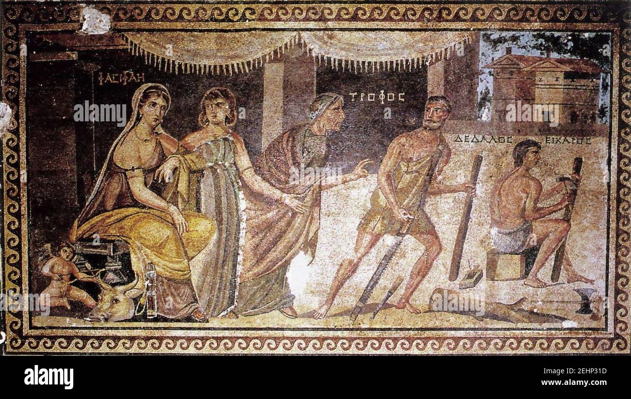 Pasiphae, Daedalus and the wooden cow, mosaic from Zeugma, Stock Photo