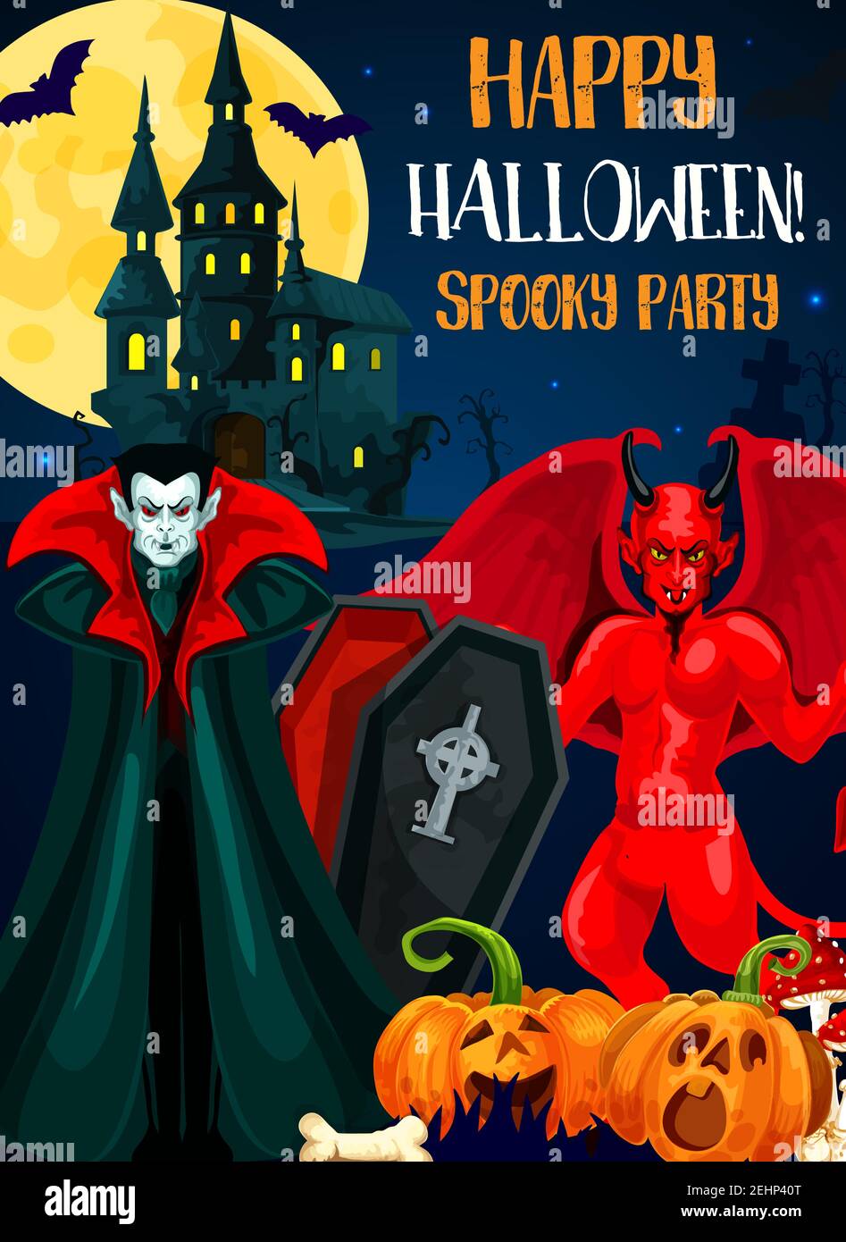 Halloween night spooky party invitation card of autumn holiday celebration. Evil demon and 