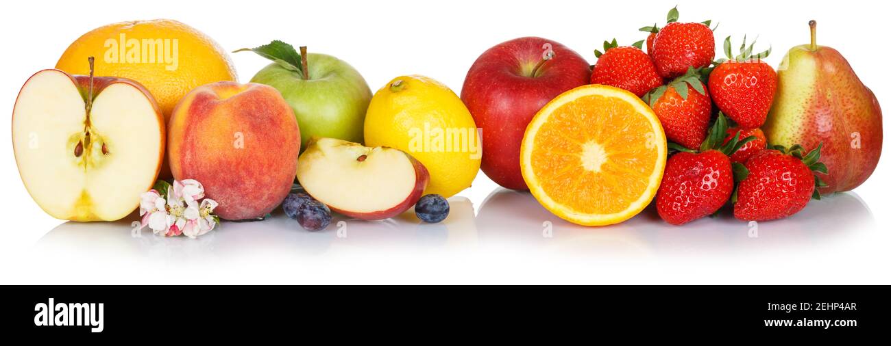Fresh fruits collection apple fruit apples lemon orange food isolated on a white background in a row Stock Photo