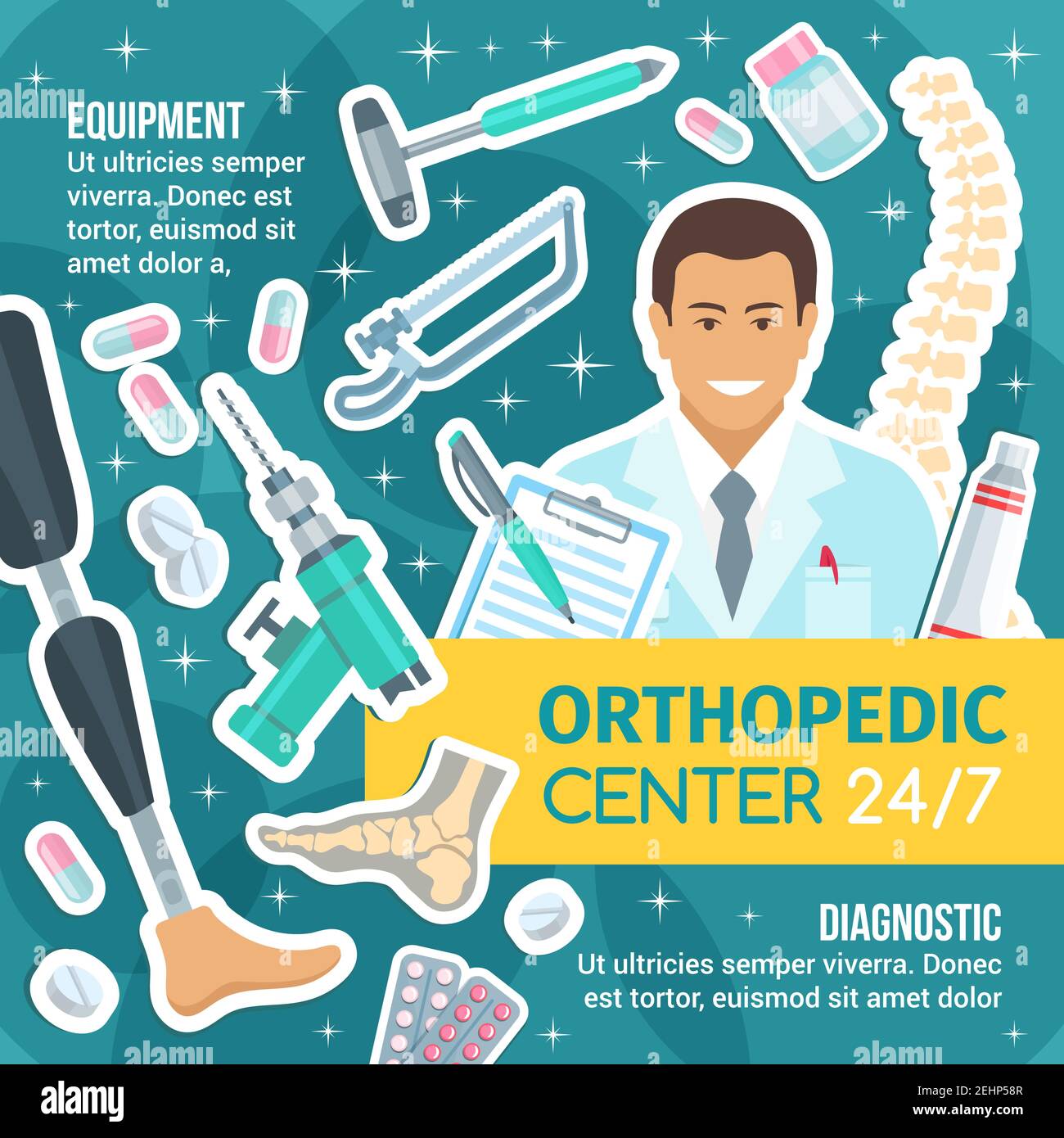 Orthopedics, traumatology and rheumatology medicine. Vector joints and bones, healthy human spine and foot, prosthesis, surgery instruments, drill and Stock Vector