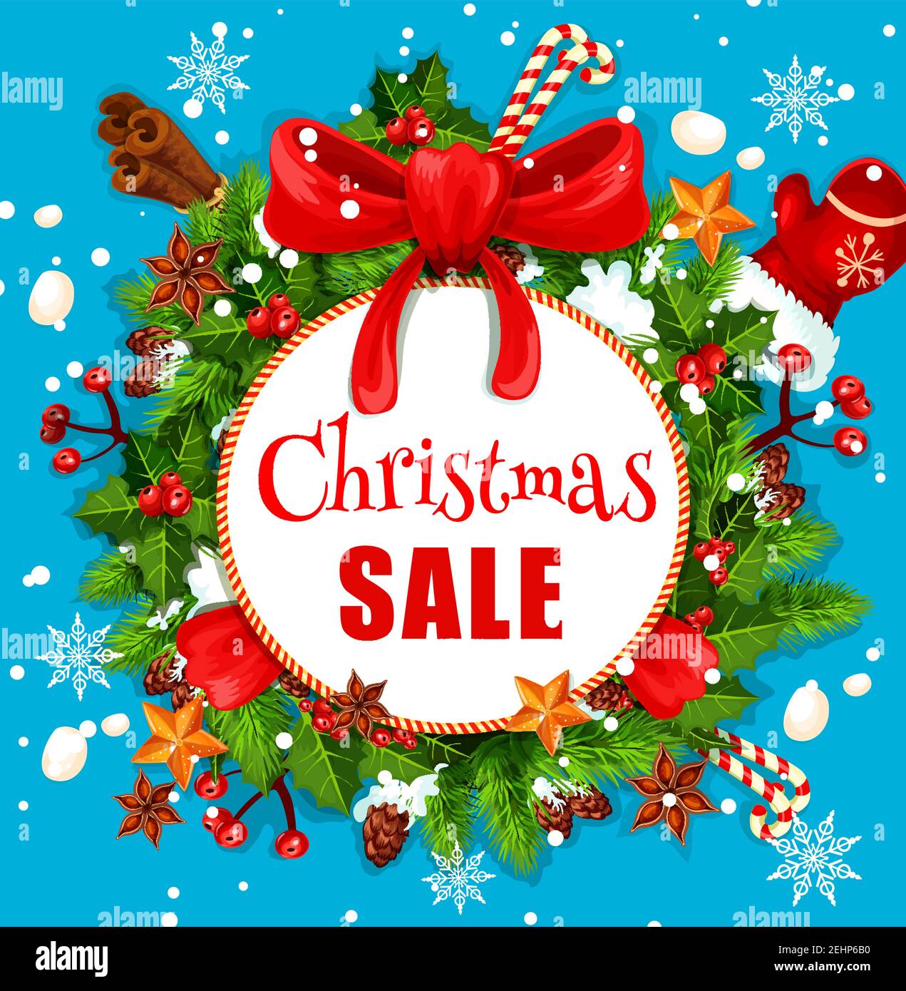 Christmas sale poster with winter holidays festive wreath