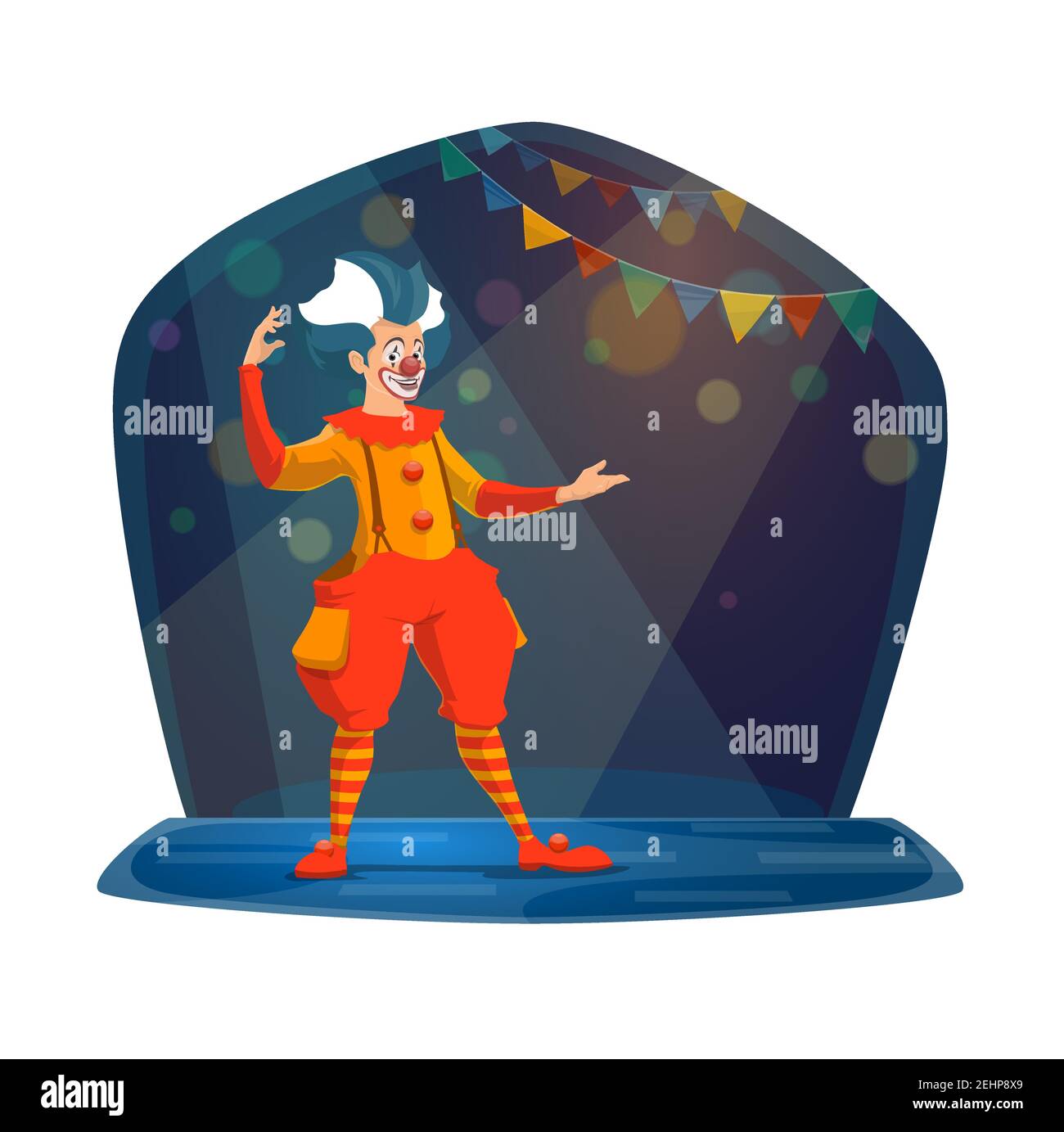 Clown with crazy hair and fake nose performing on circus arena in ridiculous outfit. Man with makeup on face entertaining audience, speechless show, c Stock Vector