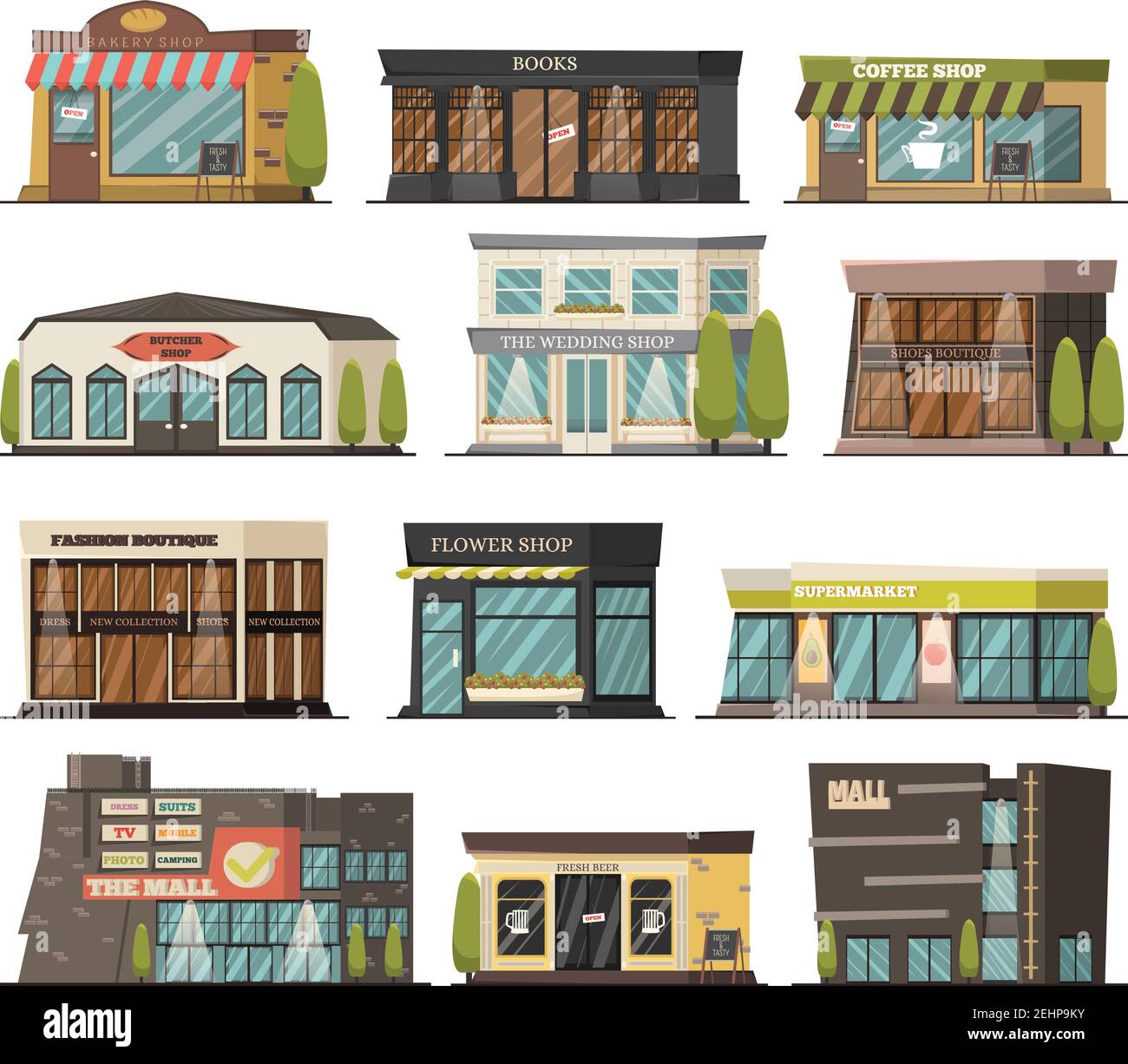 Shops orthogonal icons set with wedding and flower shop symbols ...