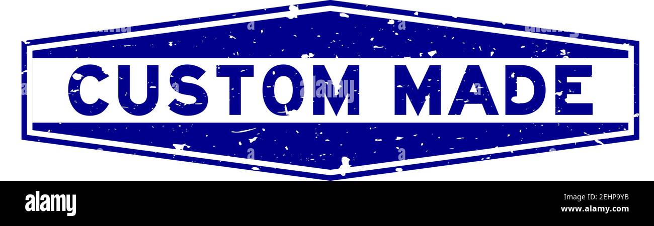 Grunge blue custom made word hexagon rubber seal stamp on white 