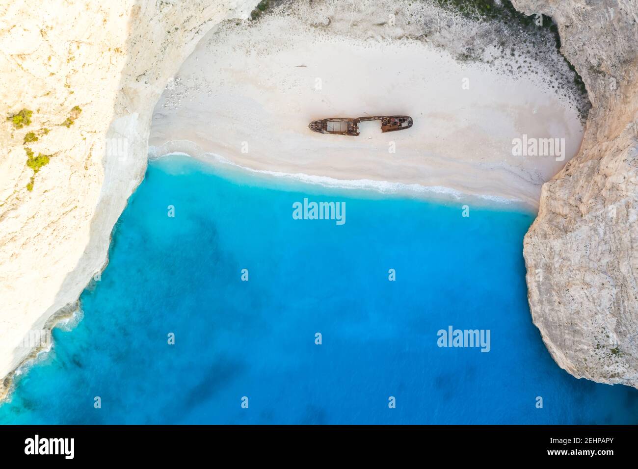 Zakynthos island travel traveling beach vacation Greece shipwreck Navagio bay copyspace copy space background drone view aerial photo summer Stock Photo