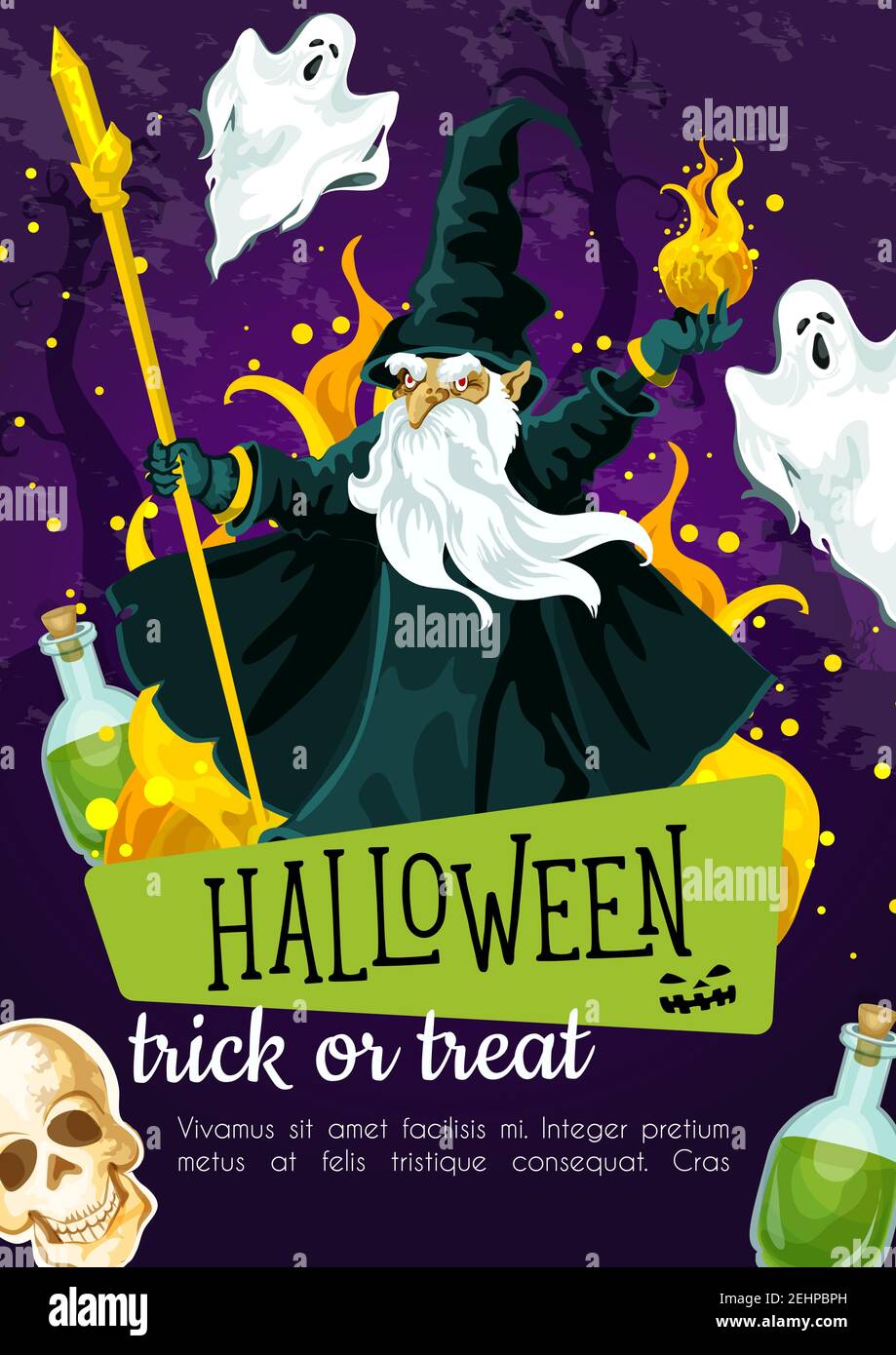 Halloween greeting poster with evil wizard. Fear magician with fireball and stick festive banner, adorned by spooky ghost, skeleton skull and potion b Stock Vector