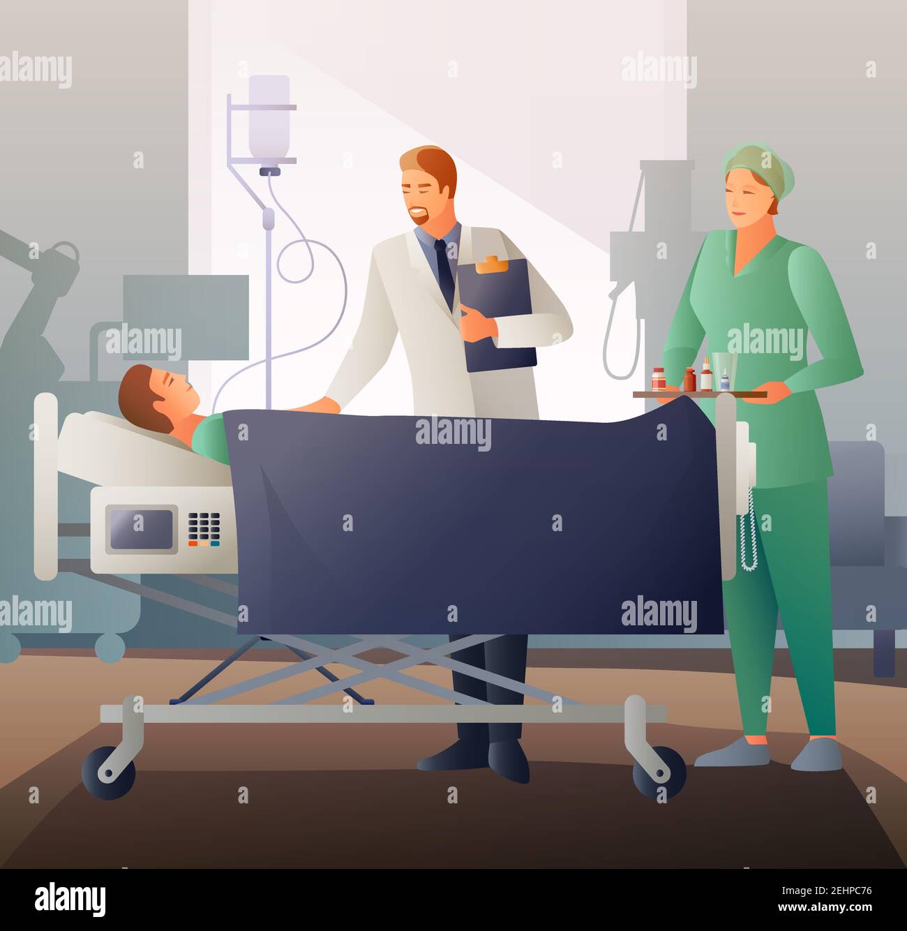 Doctor And Nurse With Medication Near Bed With Sick In Hospital Ward Flat Composition Vector 3279
