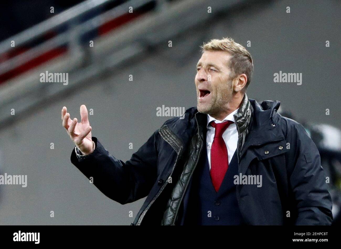 Soccer Football - Europa League - Group Stage - Group G - Spartak Moscow v Villarreal - Spartak Stadium, Moscow, Russia - October 4, 2018  Spartak Moscow coach Massimo Carrera reacts  REUTERS/Sergei Karpukhin Stock Photo