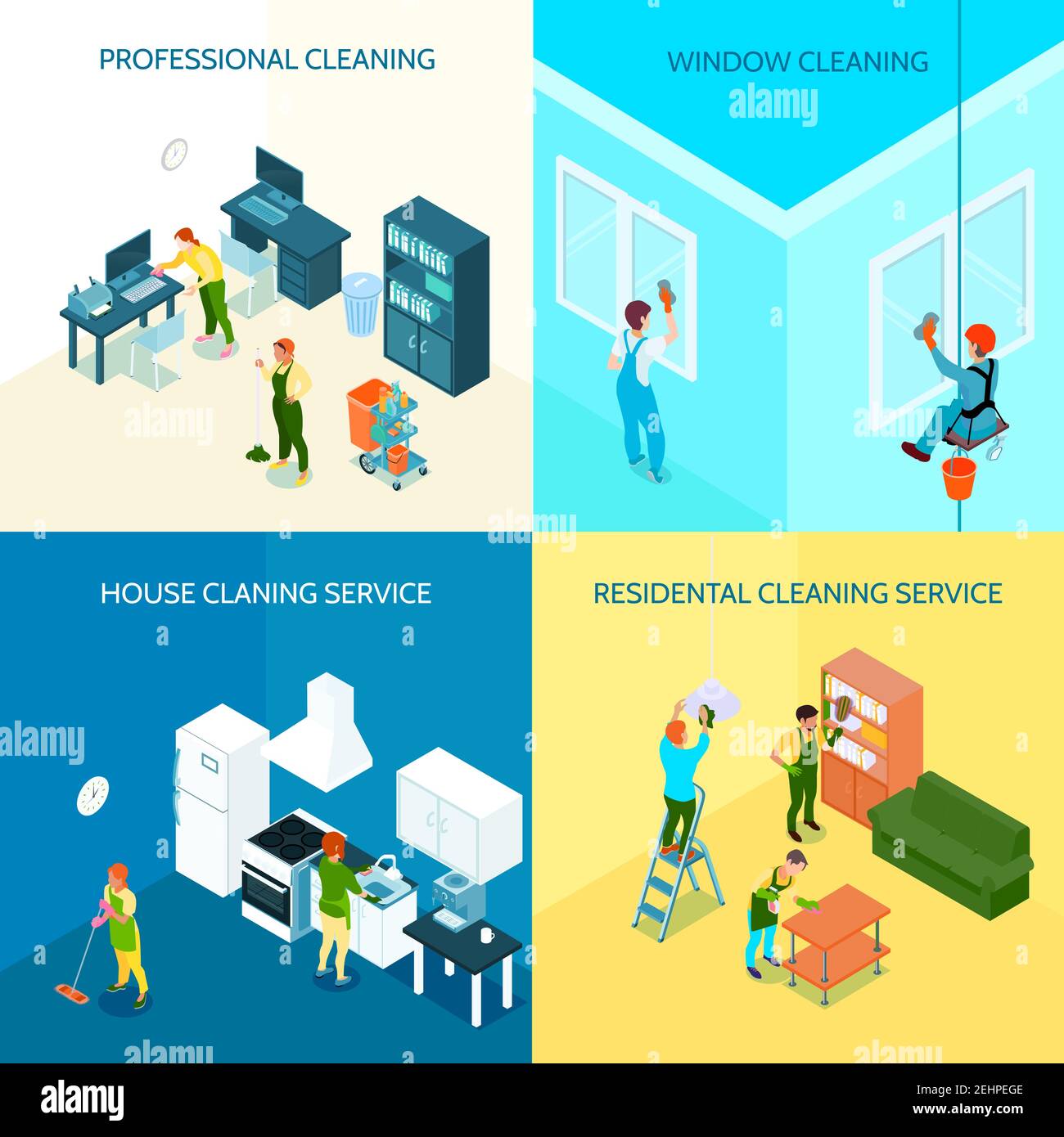 Isometric design concept with professional cleaning service for offices ...