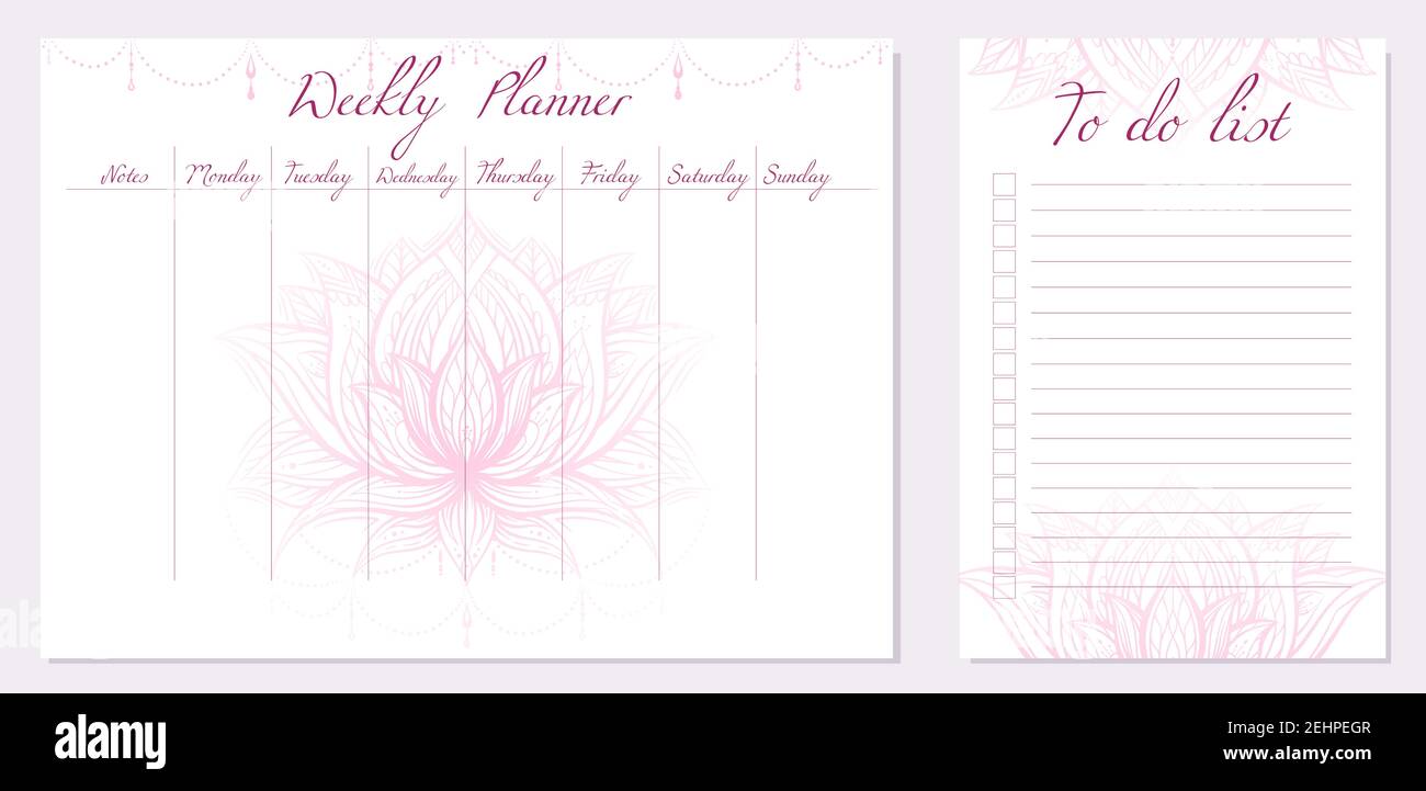 Set of day organization templates with tribal lotus. Weekly planner and to do list. Pink water lily with boho decorations. Spirituality template setti Stock Vector