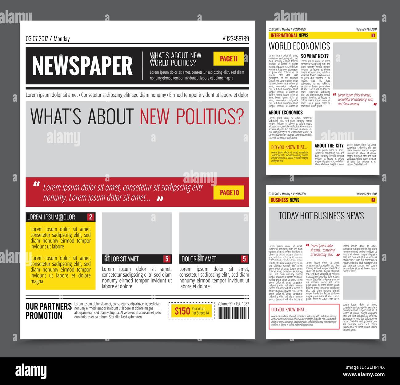 Daily newspaper colored template for website design with three page ...