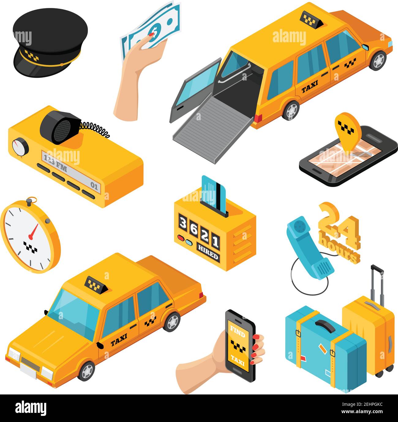 Taxi service isometric isolated icons set of different types of taxi ...