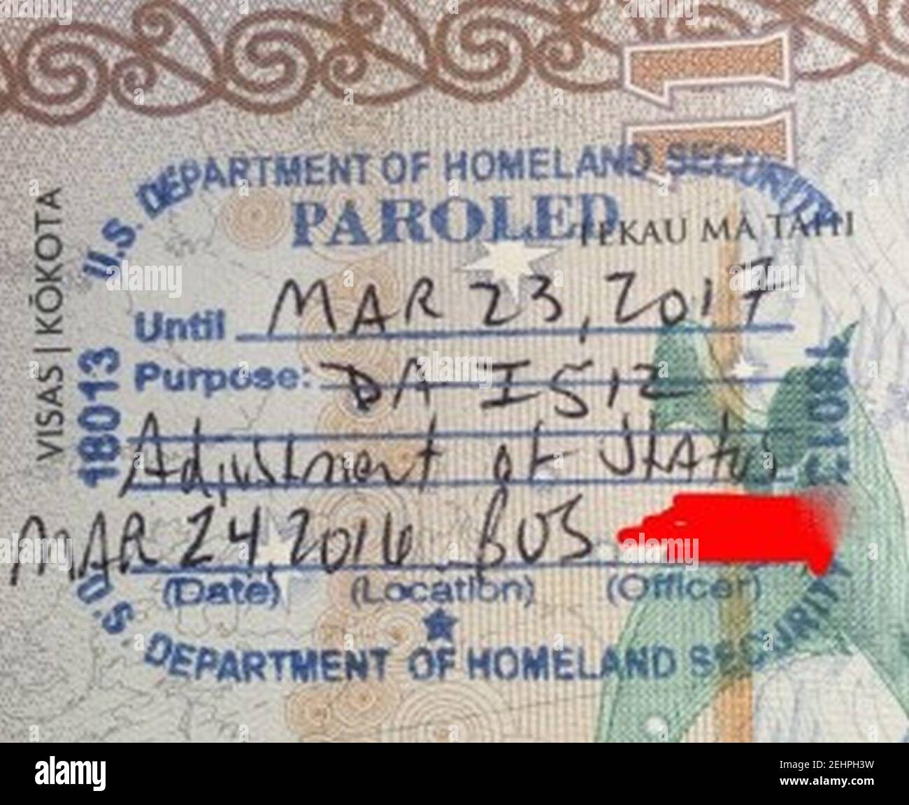 Passport with CBP stamp for parole for for deferred action for ...