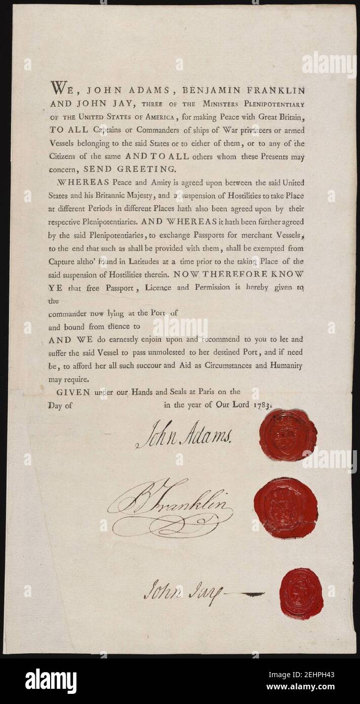 Passport John Adams Benjamin Franklin John Jay Ministers Plenipotentiary 1783. Stock Photo