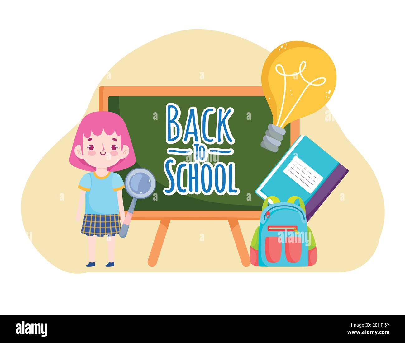Back to School student girl in uniform with chalkobard backpack and ...