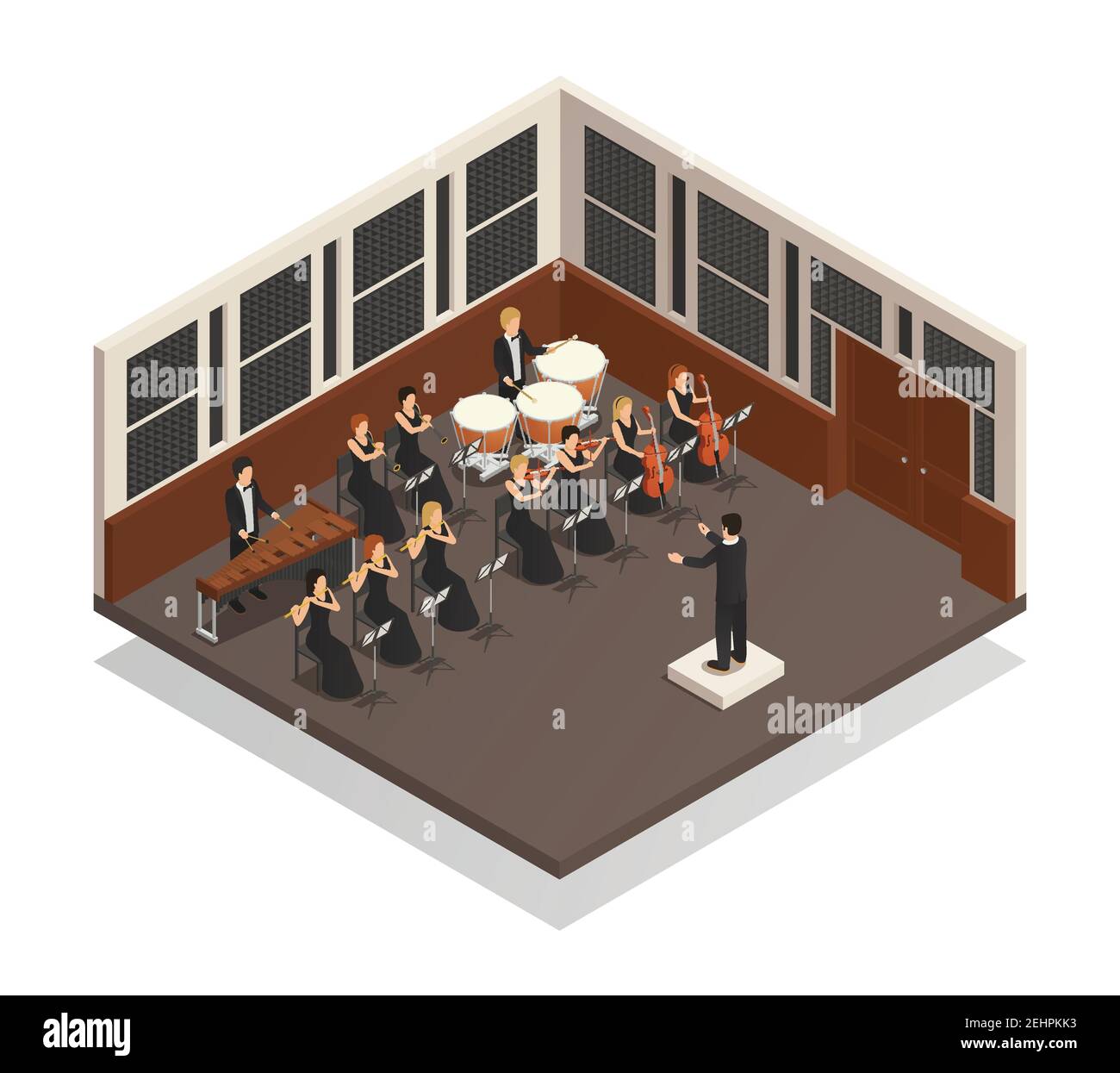 Conductor and musicians playing xylophone flute drums violin trumpet in