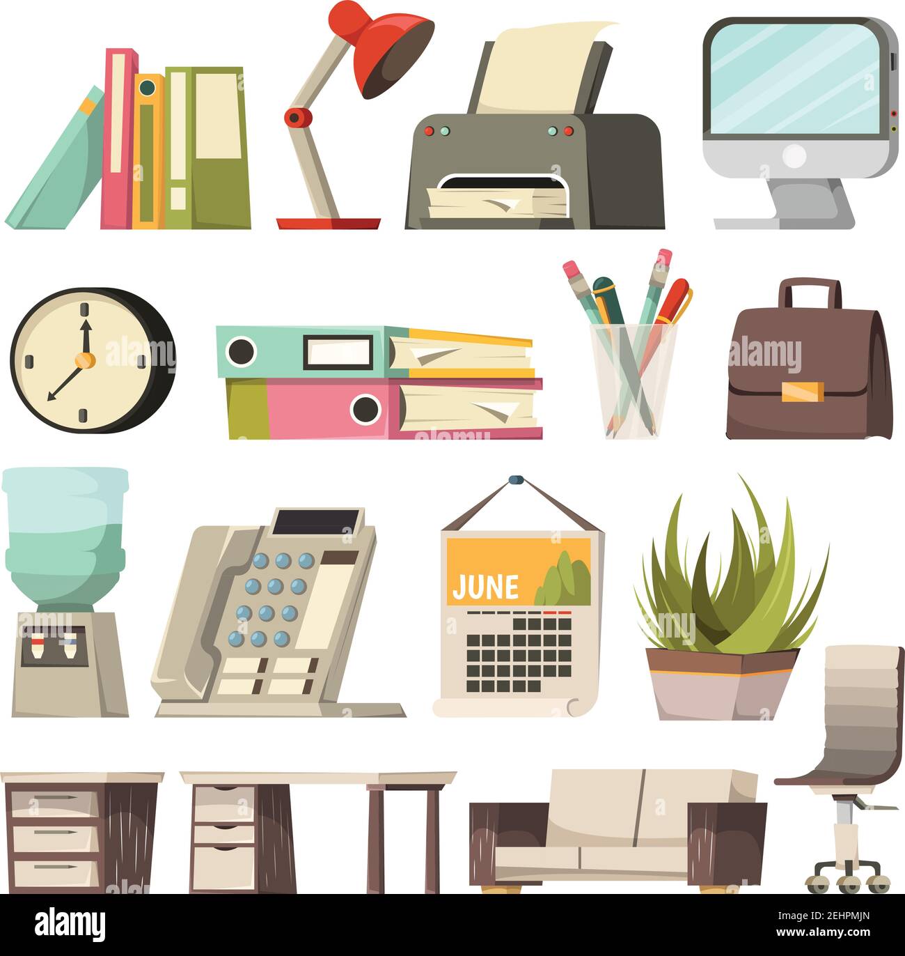 Office orthogonal icon set with elements and tools of work desk and ...