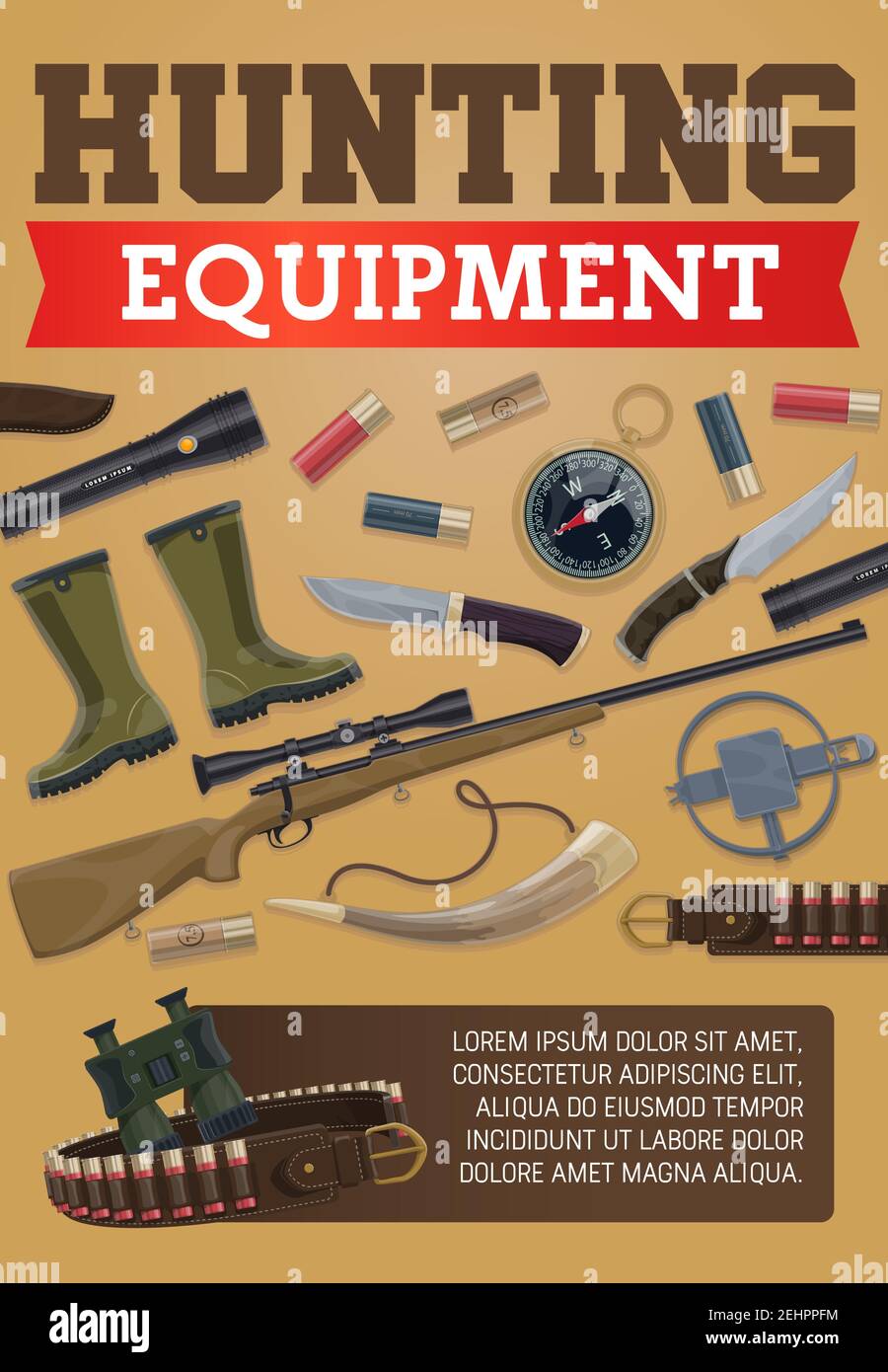 Hunting equipment poster of hunter ammo for wild animals hunt or open