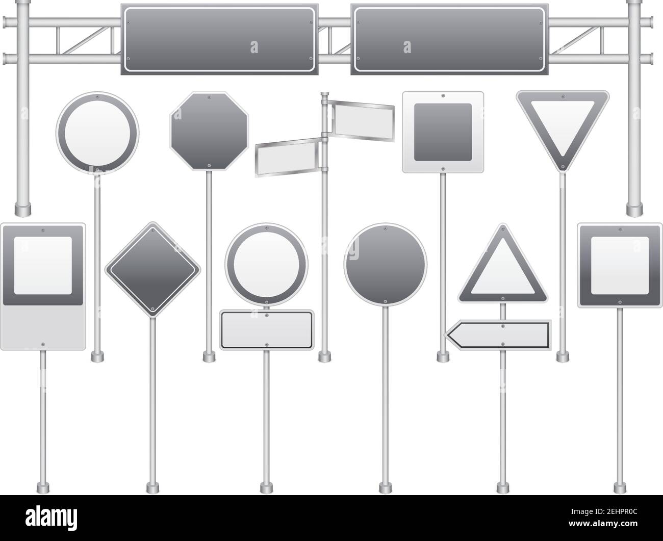 Realistic blank templates road traffic regulatory warning signs collection such as speed limits black white vector illustration Stock Vector