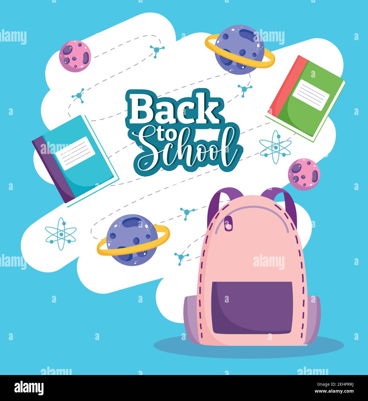 Back to School text backpack books and science planets vector ...