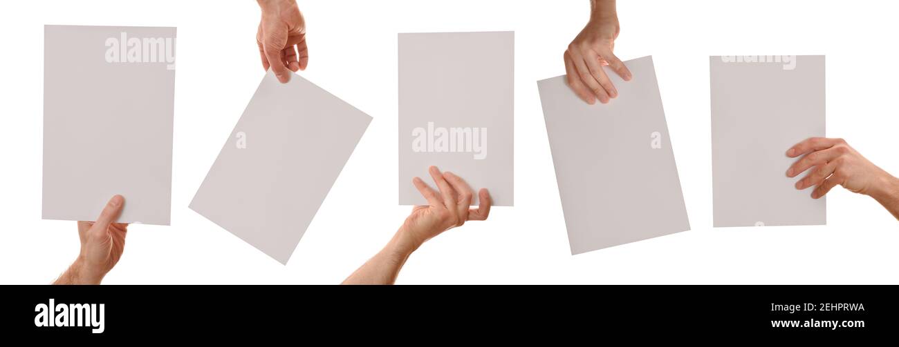 Set of five hands holding a white sheet a4 in different positions with white isolated background Stock Photo